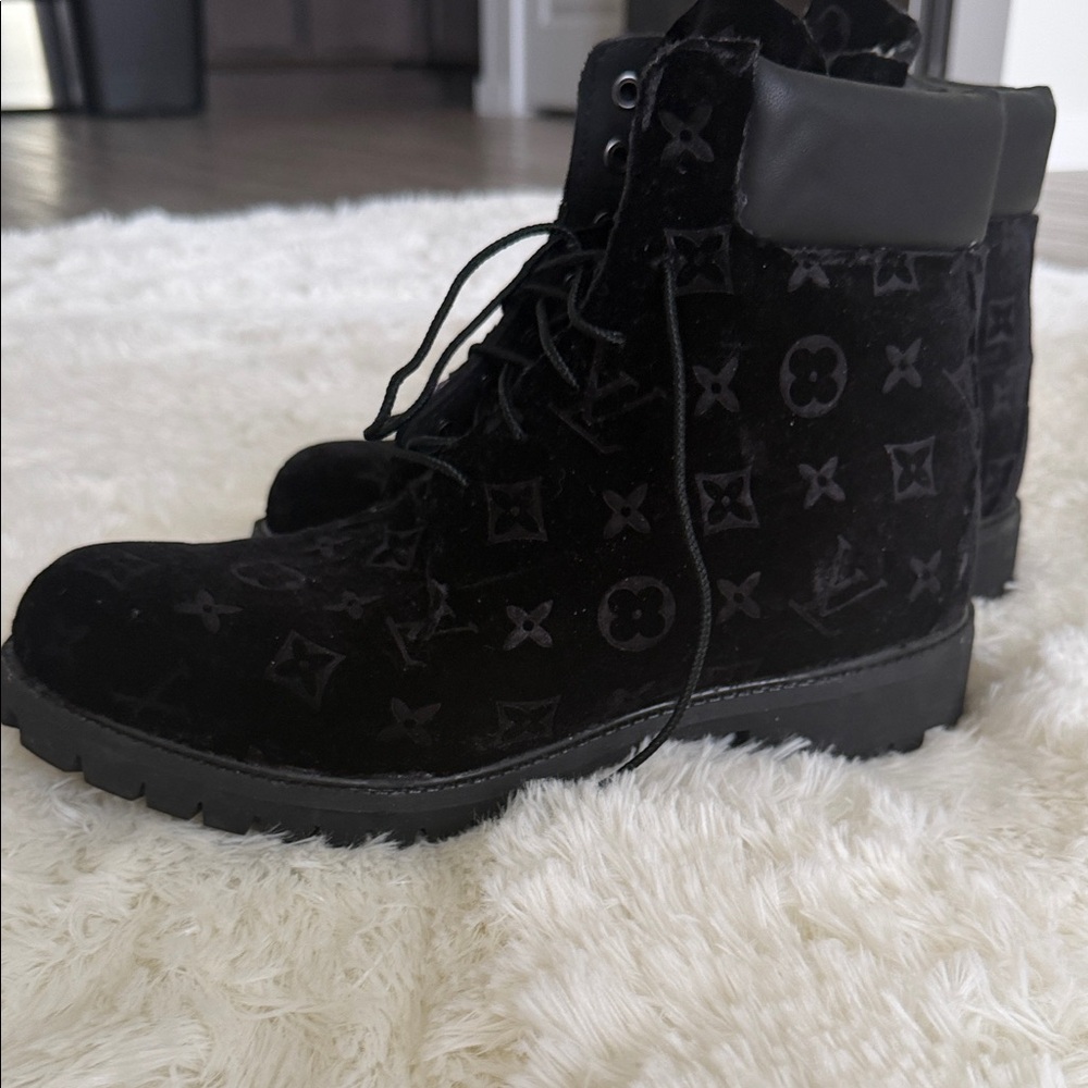 Timberland Black Velvet Monogram Lace-Up Boots